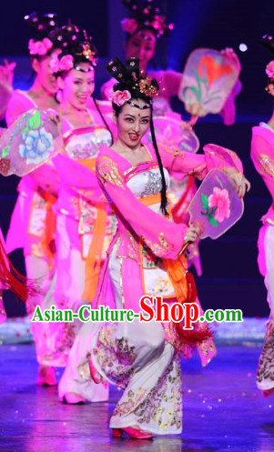Traditional Chinese Fairy Fan Dancing Costumes and Headdress Complete Set for Women