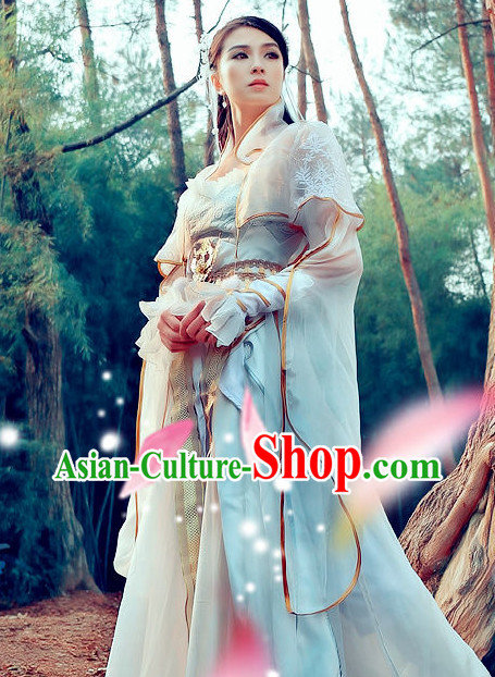 Ancient Chinese High Collar White Princess Dancewear and Headwear Complete Set
