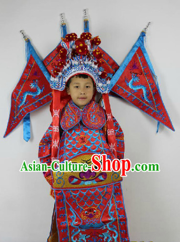 Traditional Chinese Beijing Opera General Costumes and Helmet Complete Set for Kids