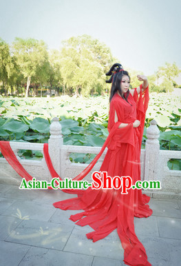 Red Chinese Hanfu Beauty Costumes and Headdress Complete Set