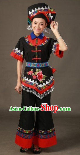 Zhuang Ethnic Minority Stage Costumes and Hat for Girls
