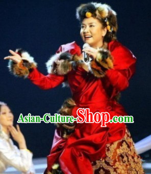 Chinese Tibetan Singer Costumes and Hat Complete Set