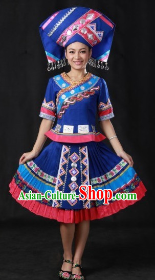 Chinese Zhuang Ethnic Minority Costumes and Hat Complete Set