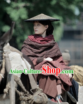 Brown Cinematic Style Swordswoman Costumes and Bamboo Hat Complete Set