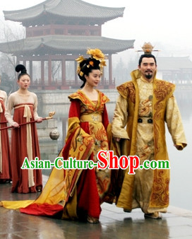 Tang Dynasty Palace Emperor and Empress Costumes and Headwears Complete 2 Sets