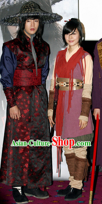 Ancient Korean Male Long Robe and Bamboo Hat Complete Set