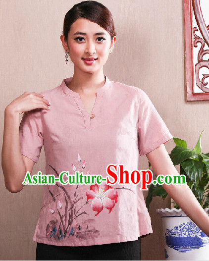 Hands Painted Mandarin Traditional Short Shirt for Women