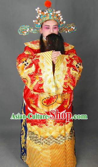 Peking Opera Embroidered Dragon Cai Shen Ye Costumes Uniform and Hat for Men
