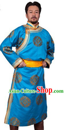 Traditional Chinese Long Blue Mongolian Prince Robe for Men