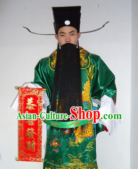 Traditional Chinese Stage Performance Cai Shen Ye Green Costumes and Hat Complete Set
