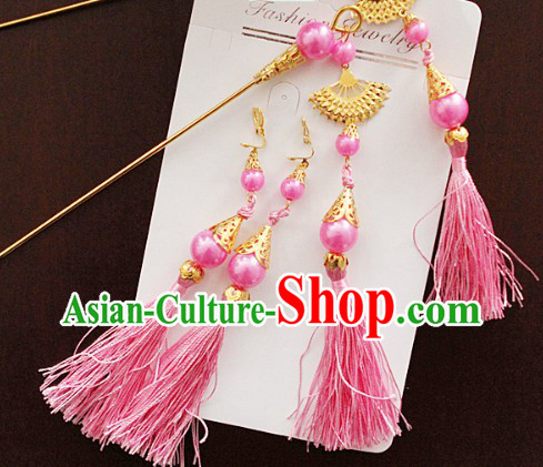 Ancient Chinese Pink Hanfu Style Hairpins and Earrings
