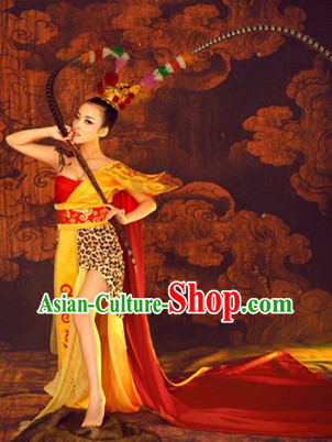 Ancient Chinese Female Monkey King Sun Wukong Costumes and Headpieces Complete Set