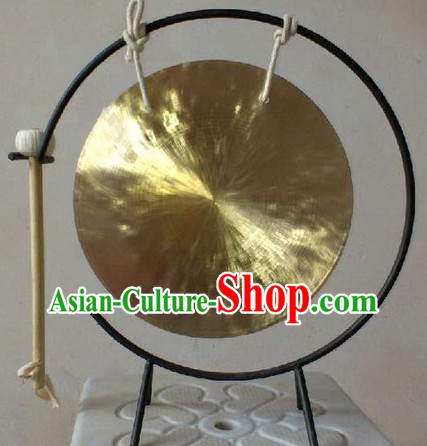 Traditional Chinese Gold Brass Gong and Stand Set