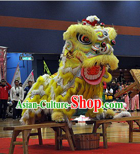 Yellow and White Long Wool Lion Dance Head and Costume Complete Set