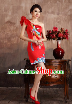 One Shoulder Phoenix Embroidery Wedding Dress for Brides