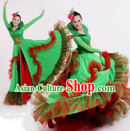Green Opening Dance Group Dance Costumes and Headwear Complete Set for Women