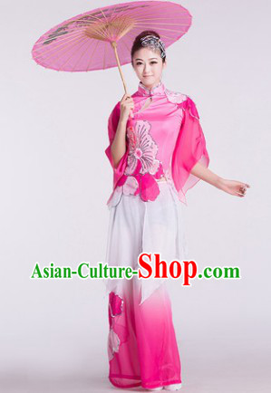 Pink Chinese Umbrella Dance Costumes and Hair Accessories for Women