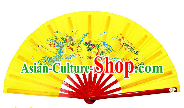 Yellow Traditional Wushu Double Fans for Right and Left Hands