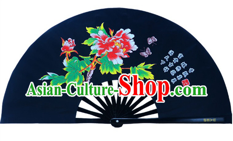 Black Traditional Kung Fu Double Fans Peony Pattern for Right and Left Hands