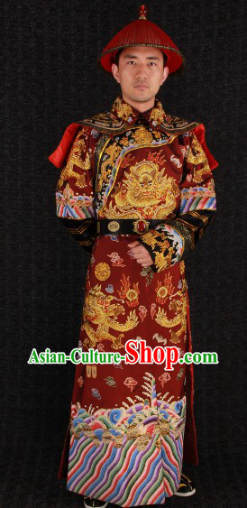 Qing Dynasty Prince Embroidered Dragon Clothes and Hat Complet Set for Men
