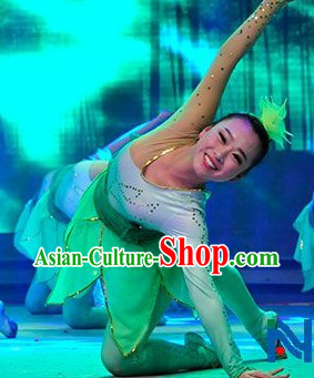 Chinese Classic Bamboo Green Dancing Costumes and Headwear for Women
