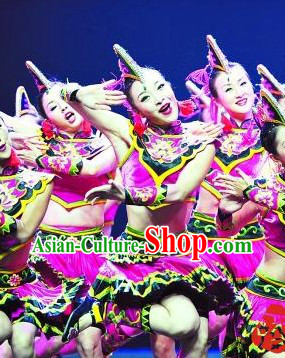 Chinese Folk Ethnic Dance Costumes and Headwear for Women