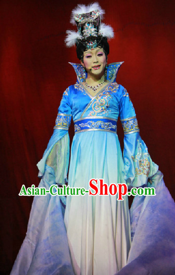 Blue High Collar Wide Sleeves Empress Long Trail Dresses and Hair Accessories Complete Set
