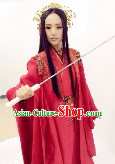 Ancient Chinese TV Drama Red Wedding Dress and Headdress Complete Set