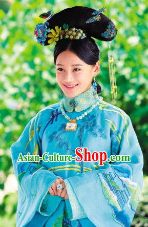 Qing Palace Imperial Princess Blue Dresses and Headdress Complete Set
