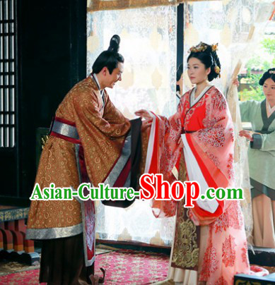 Chinese Han Clothing Husband and White Royal Family Dresses and Hair Accessories Complete Set