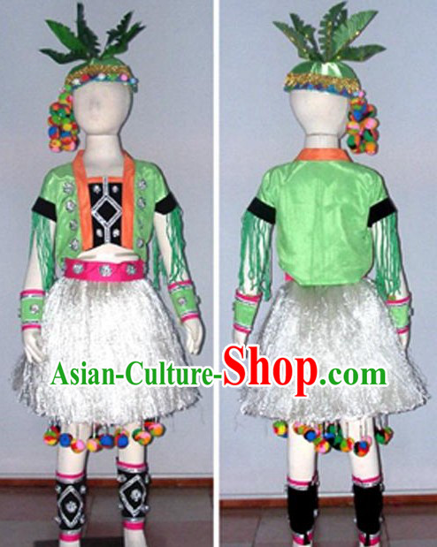 Chinese Ethnic Minority Dance Costume Dancewear and Headdress Kids Showcase Complete Set