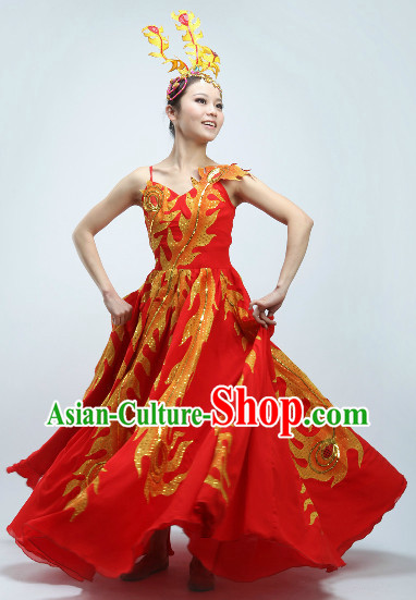 Big Expansion Skirt Golden Phoenix Tail Dance Costumes and Headwear
