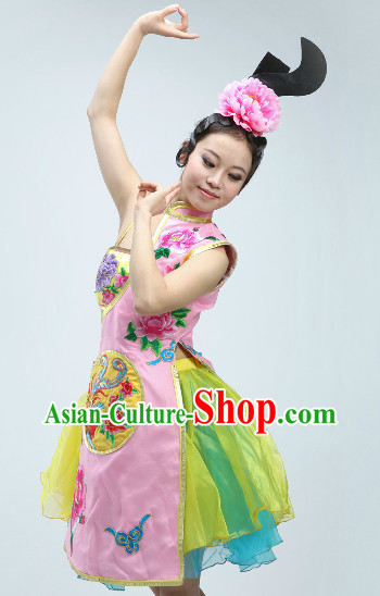 Traditional Chinese Phoenix Embroidery Dance Costumes and Headwear Complete Set