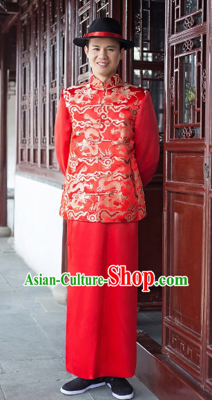 Chinese Classical Red Dragon Suit and Hat for Bridegrooms