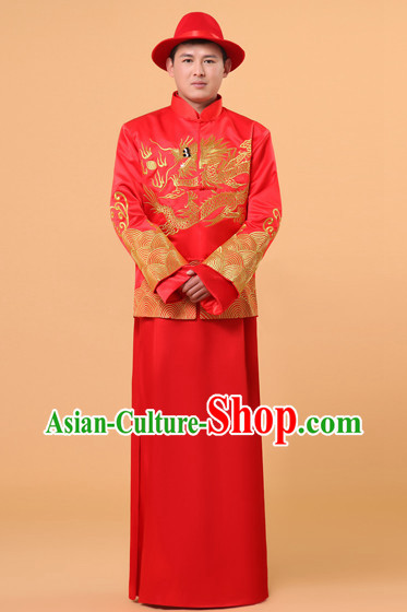 Traditional Chinese Wedding Ceremony Banquet Dress and Hat for Bridegroom