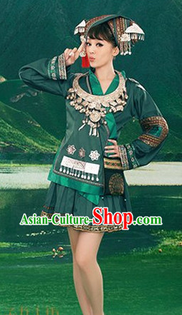 Ancient Chinese Miao Ethnic Clothing and Silver Accessories for Women