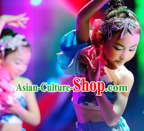 Traditional Chinese One Long Sleeve Dance Costumes and Headdress for Kids
