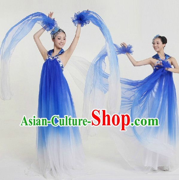Top Custom Make Stage Performance Blue Ribbon Dancing Costumes and Headdress