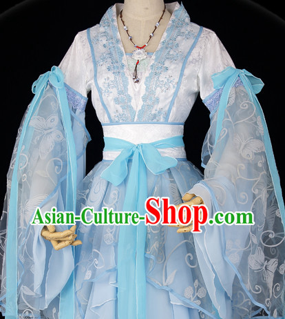Ancient Chinese Blue Butterfly Fairy Outfit and Necklace Complete Set