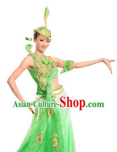 Chinese Classical Dai Nationality Peacock Dancing Costumes and Headdress for Women