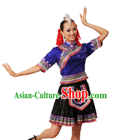 Chinese Yi Nationality Dancing Dress and Headdress for Women
