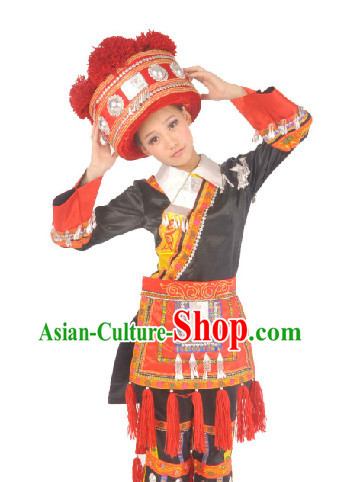 Chinese Deang Nationality Ethnic Clothes and Hat for Girls