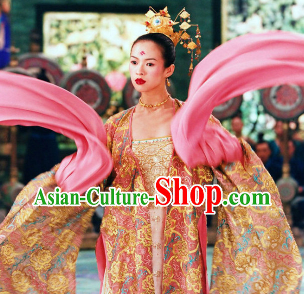 Wide Sleeves Palace Dance Costumes and Headdress Complete Set for Women