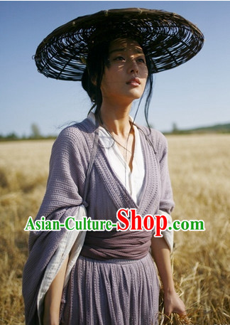 Chinese Mandarin Style Bamboo Hat and Hanfu Dresses Complete Set