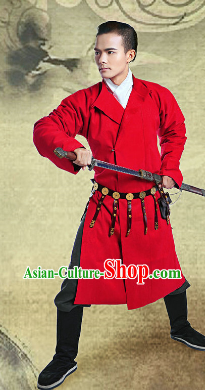 Ancient Chinese Tang Dynasty Red Gown and Belt for Men