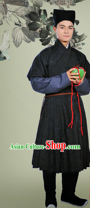 Ancient Chinese Huafu Hanzhuang Musician Clothes and Hat Complete Set for Men