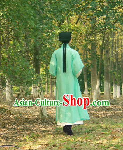 Ancient Chinese Green and White Academic Clothes and Hat for Men