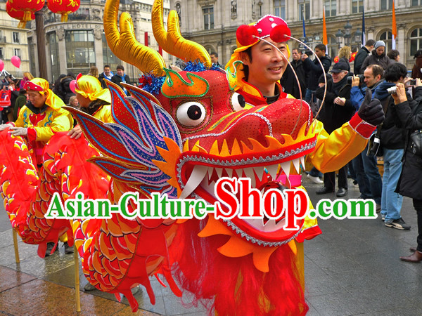 Traditional Chinese Red Dragon Dance Costumes for Four People