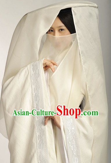 Chinese White Mysterious Hanfu Costumes and Hat Complete Set
