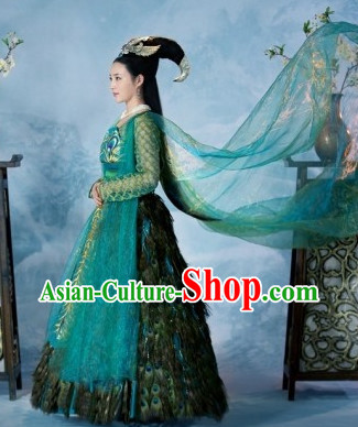 Ancient Chinese Peacock Feather Princess Costume and Hair Accessories Complete Set
